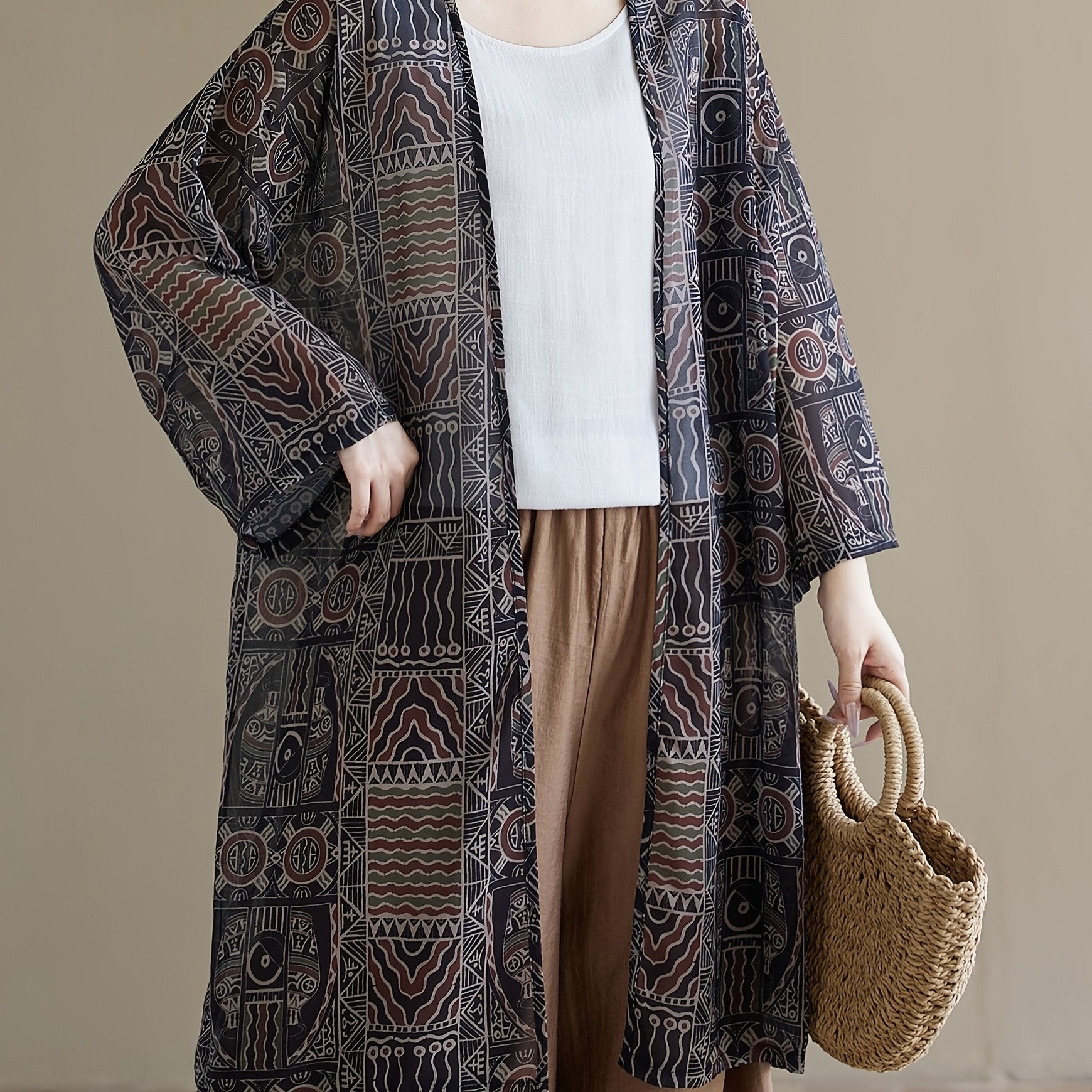 Women's Plus Size Light Beige Ethnic Print Long Sleeve Beach Cover-Up