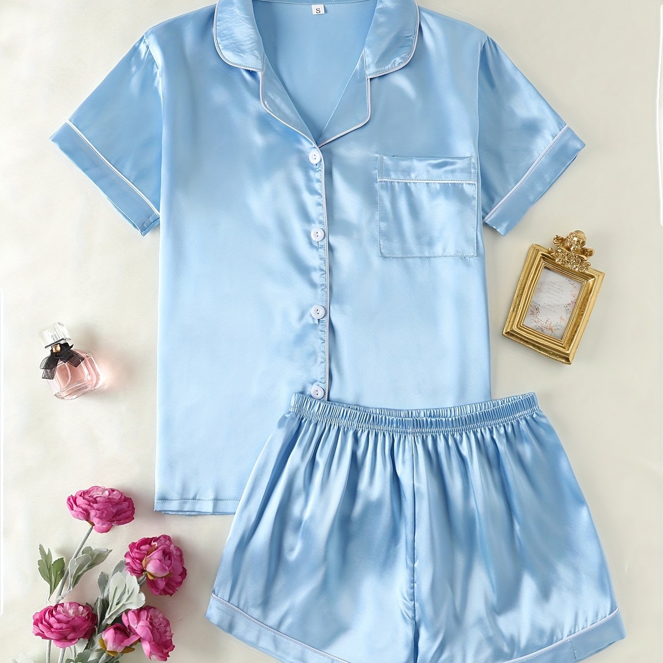Women's Satin Lounge Set Short Sleeve Button-Up Top with Lapel Collar and Elastic Shorts