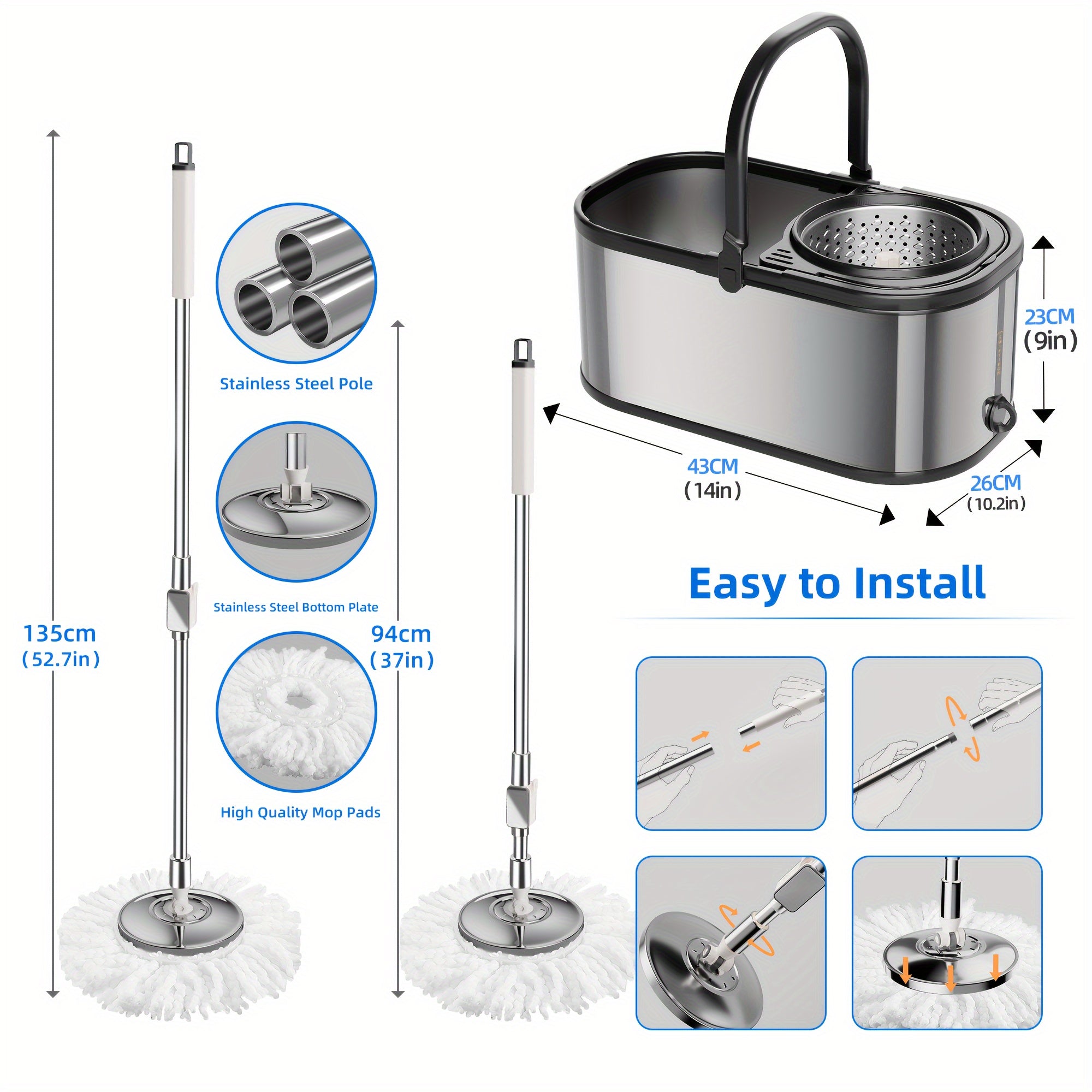 Stainless Steel Spin Mop and Bucket Set with 2 Replacement Heads and Carrying Handle