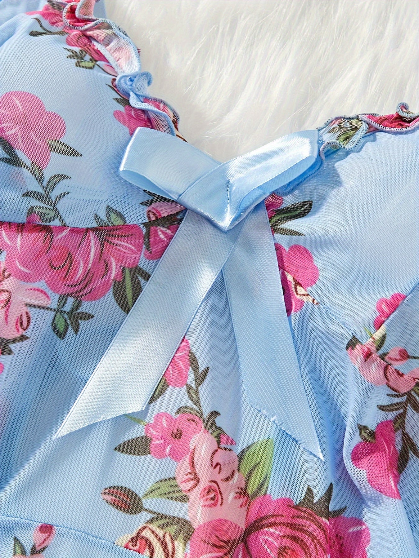 Women's Floral Print Babydoll Dress with Thong Lingerie Set