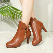 Women's Leather High Heel Platform Ankle Boots Classic Black