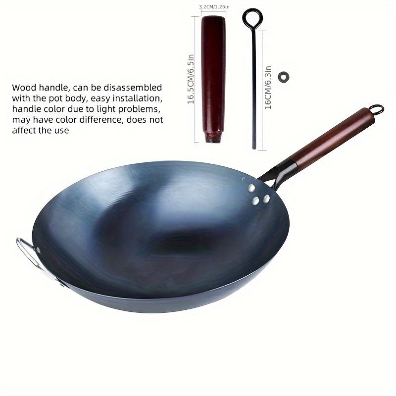 Qo'l bilan zarb qilingan yopishqoq quyma temir wok, ajratiladigan yog'och tutqichi bilan - 32.0 sm o'lcham, gaz pechlari uchun ideal va uy oshxonasida zarur