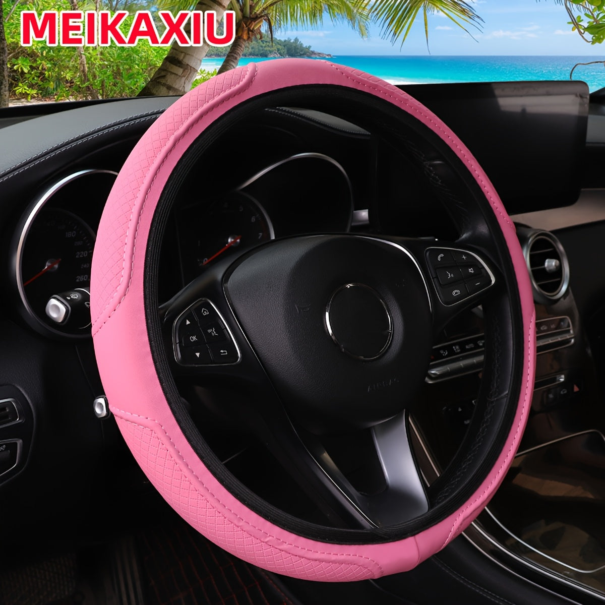 Car Steering Wheel Cover Leather Plaid Non-slip Fit 36.8-38.1cm