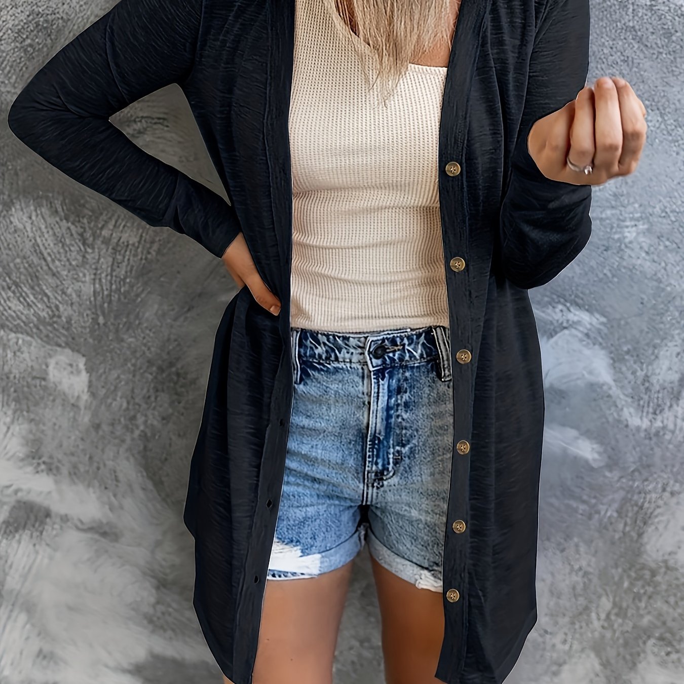 Plus Size Long Sleeve Knit Cardigan V-Neck Solid Color Fall Spring