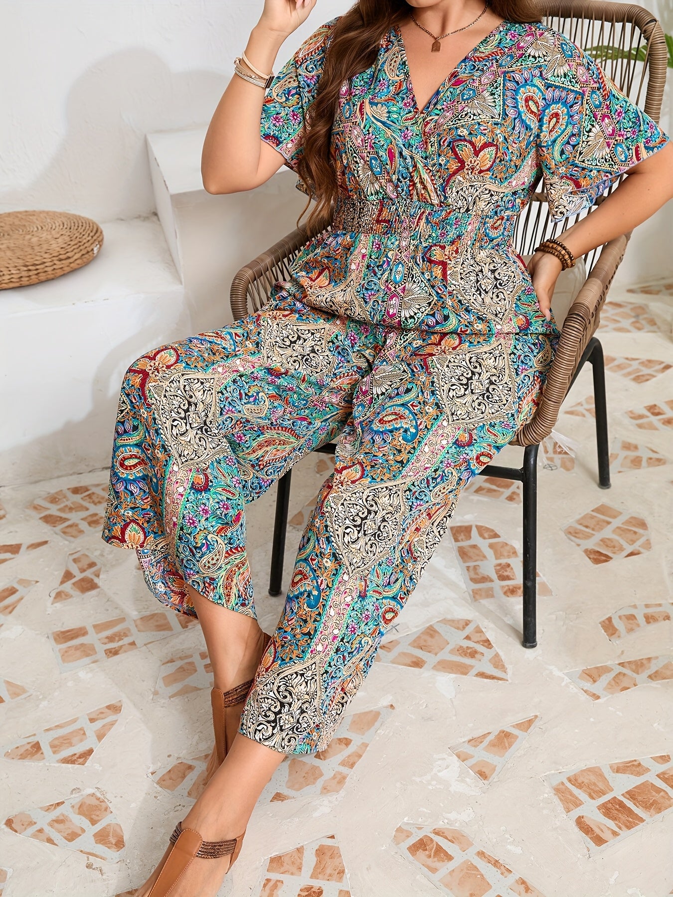 Plus Size Elegant V-Neck Cushion Woven Fabric Spring Summer Jumpsuit