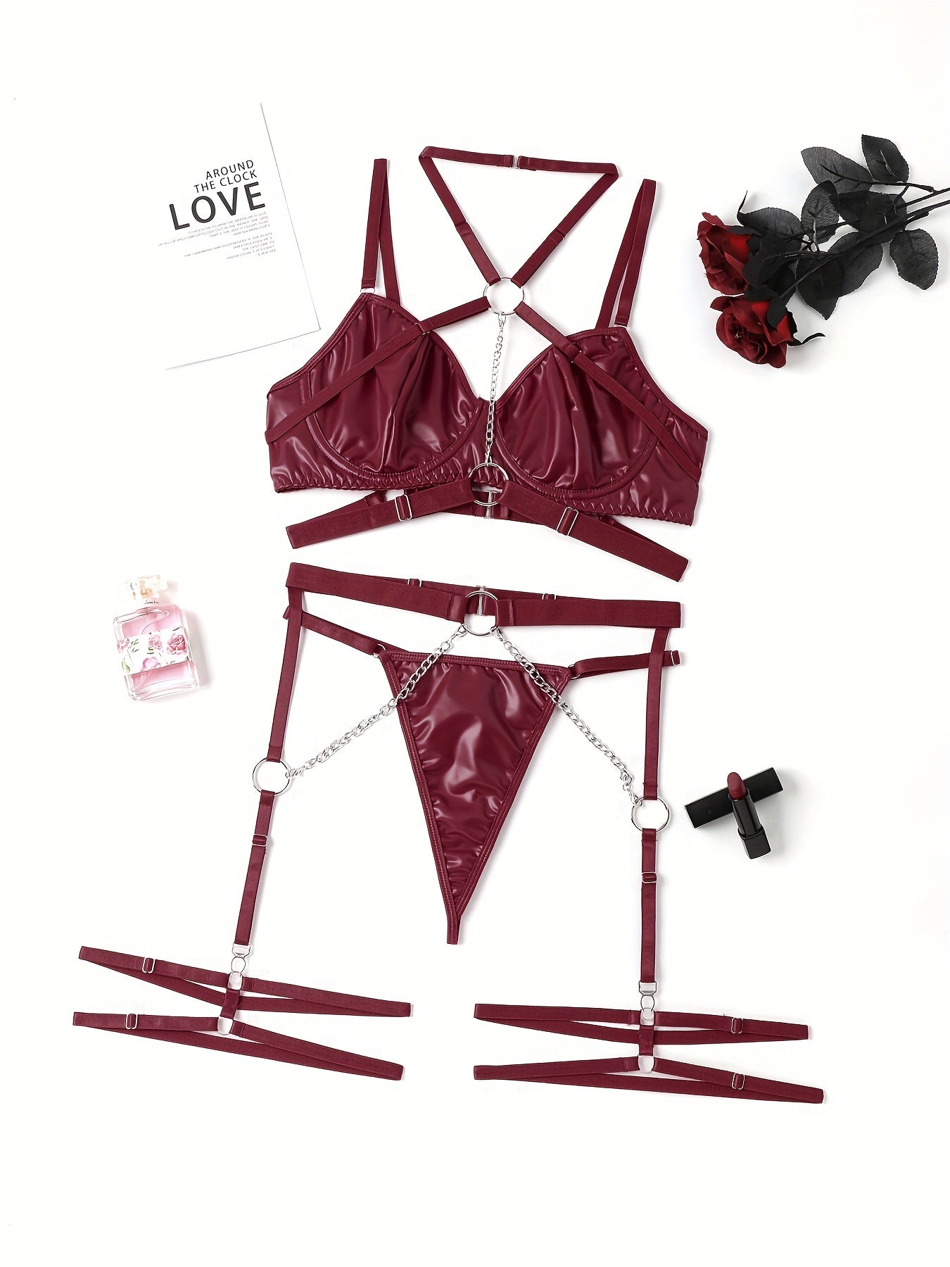 Women's Punk Lingerie Set with Ring-Link Strappy Design Halter Plunge Bra Garter Belt Thong