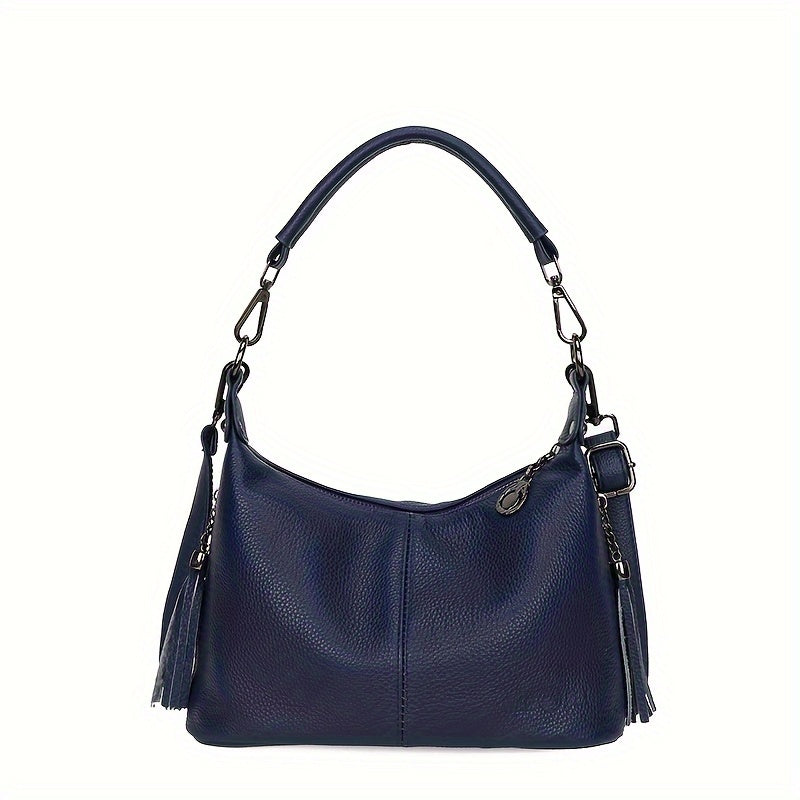 Women's Genuine Leather Shoulder Bag Large Capacity Casual Zipper Closure Adjustable Strap Black Blue