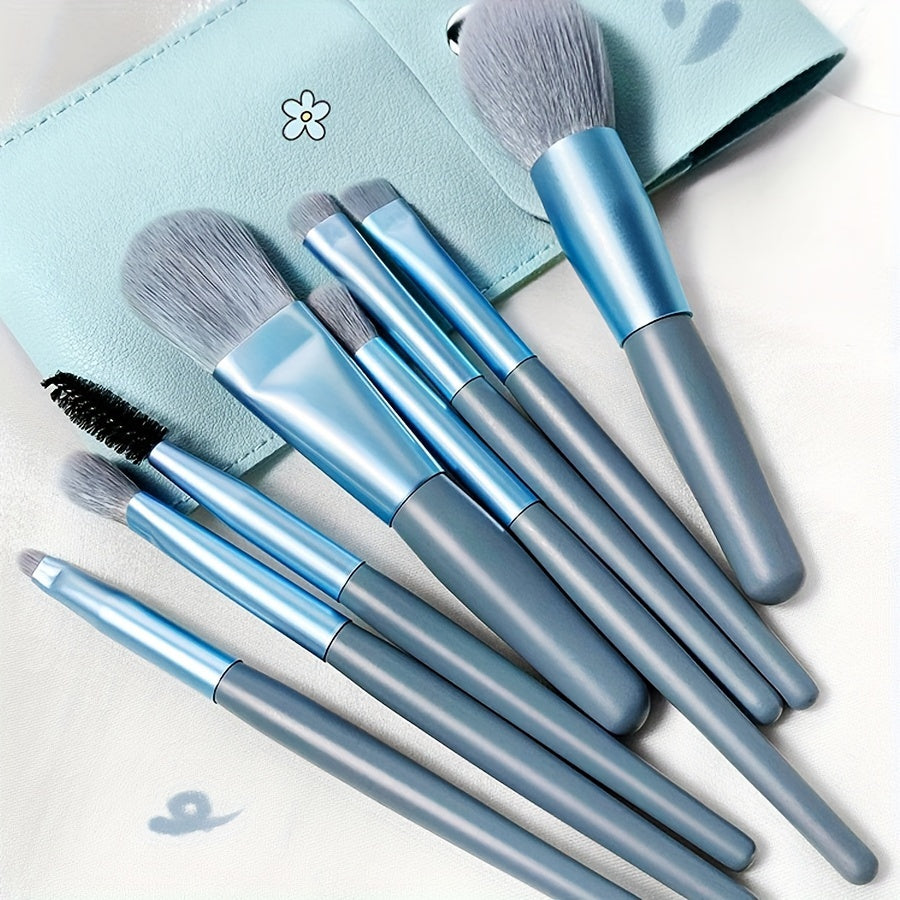 8-Piece Blue Facial Makeup Brush Set for Beginners Portable Travel-Friendly