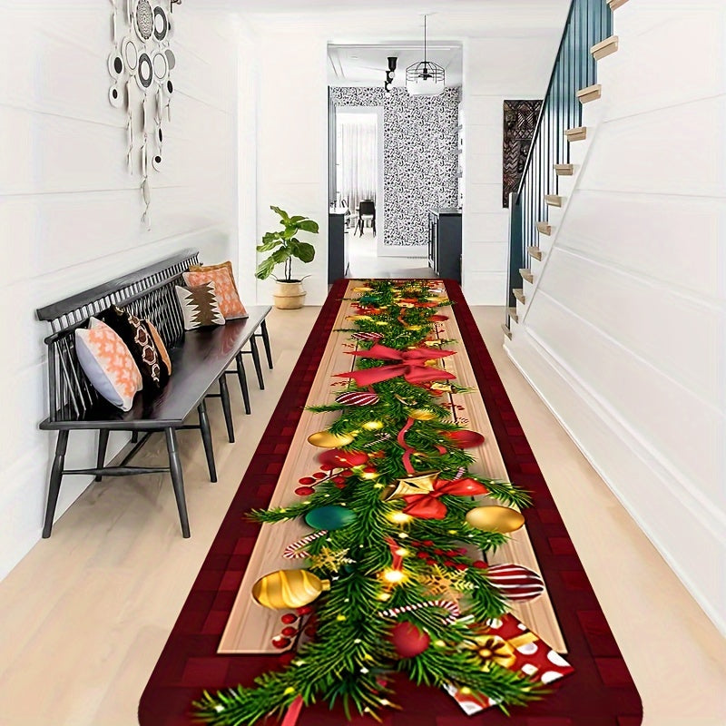 Christmas Runner Rug Festive Tree Ornaments Non-Slip Stain Resistant Hallway Decor