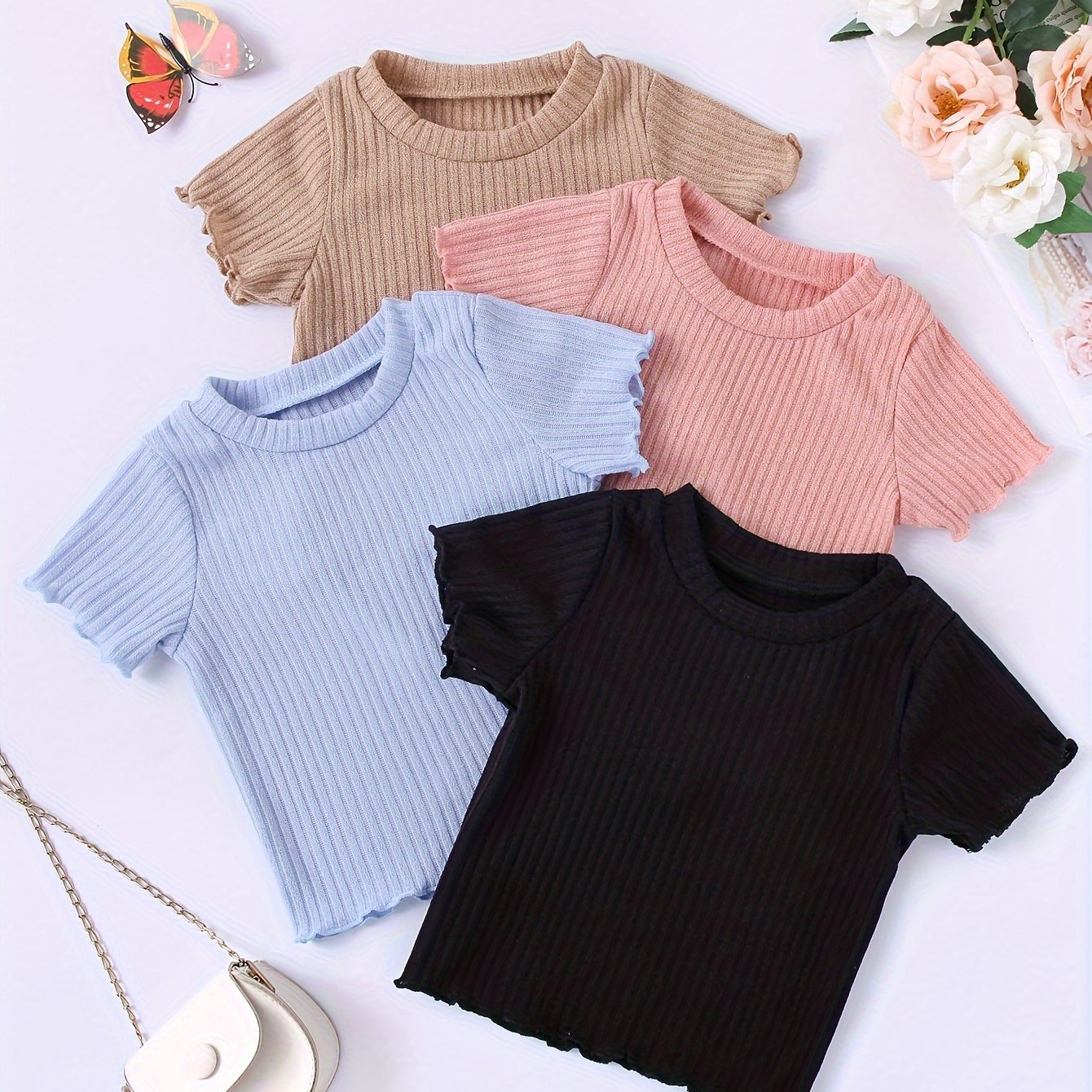 Детские летние футболки с коротким рукавом из рибаны однотонные, упаковка из 4