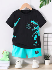 Boys' Dinosaur Print T-Shirt and Shorts Set Polyester Blend Summer Casual Kids 12 and Under