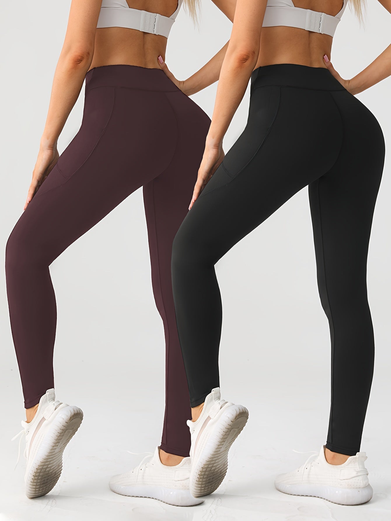 Ayollar uchun kattaroq o'lchamli yuqori bel yoga shimlari polyester tikilgan skinny tights, cho'ntaklar bilan