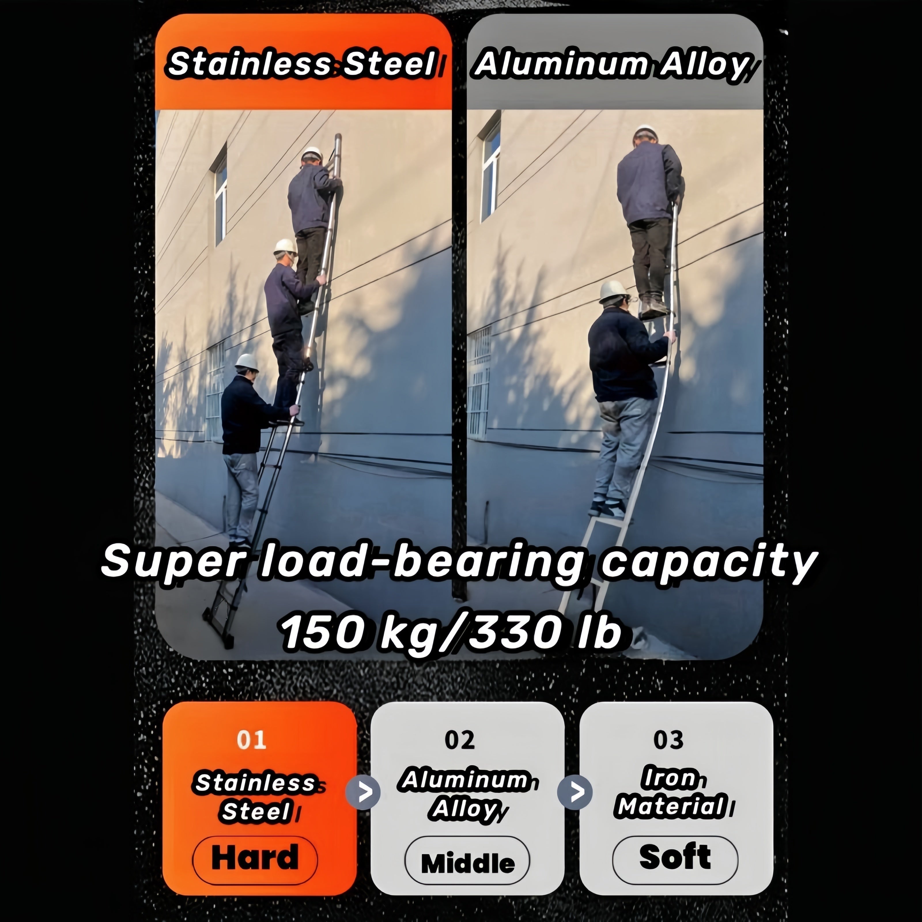 Mustahkam zanglamas po'latdan yasalgan egiluvchan zinapoya, muvozanat barasi bilan, 149.69KG yuk ko'tarish qobiliyati. Tashqi va ichki foydalanish uchun juda yaxshi.