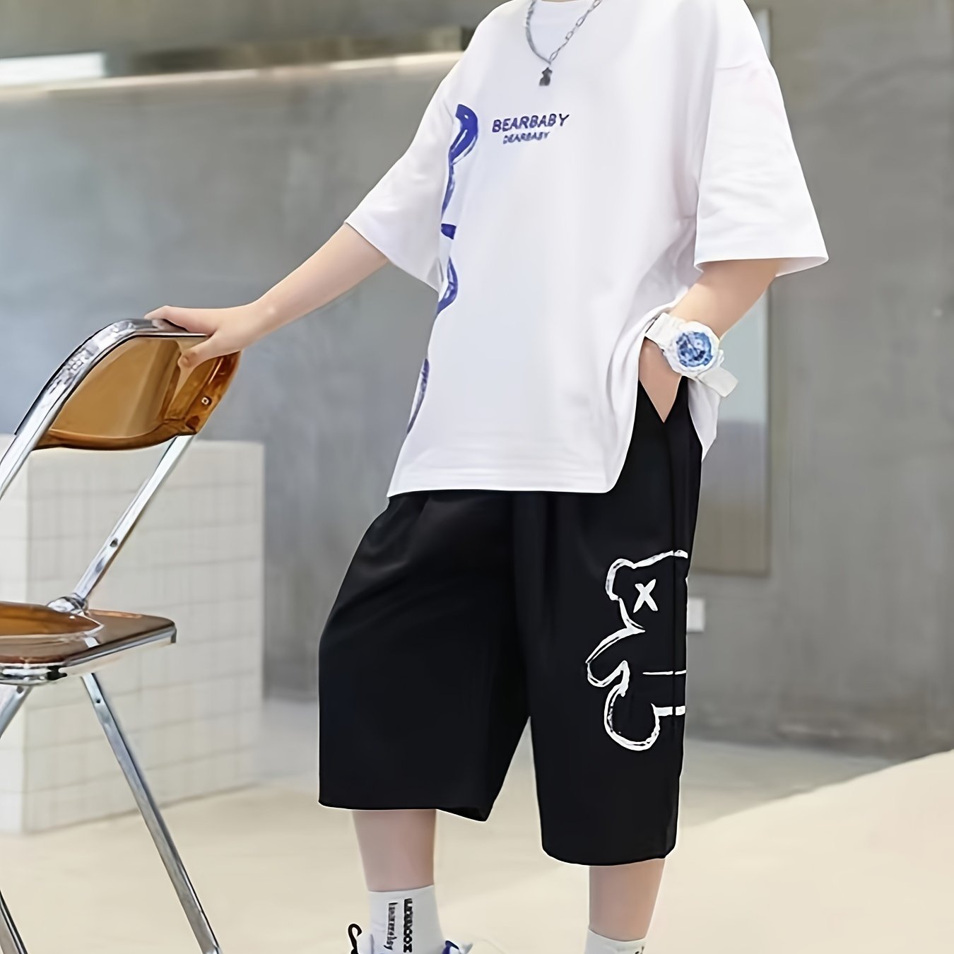 Boys Summer Sports Two-Piece Set Medium-Large Breathable Cotton Polyester Shorts