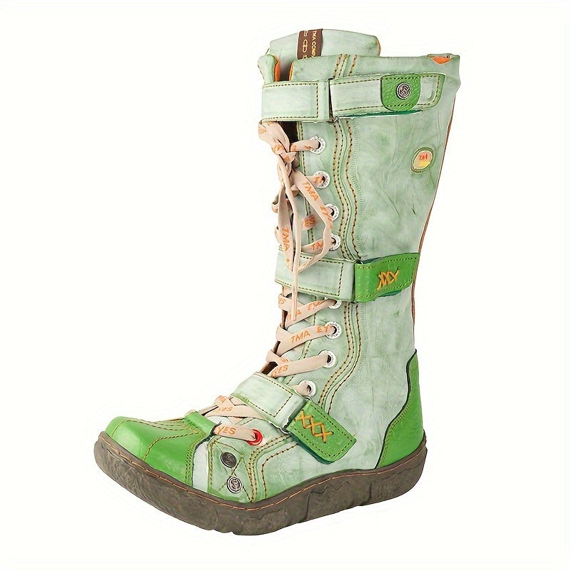 Women's Ankle Boots Winter Vintage Multi-Patch Leather Fleece Lined