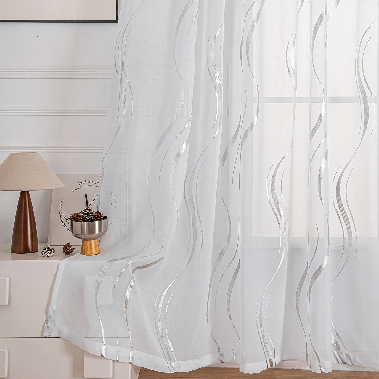 Black and White Water Ripple Pattern Curtain with Silver Hot Stamping for Window Screen