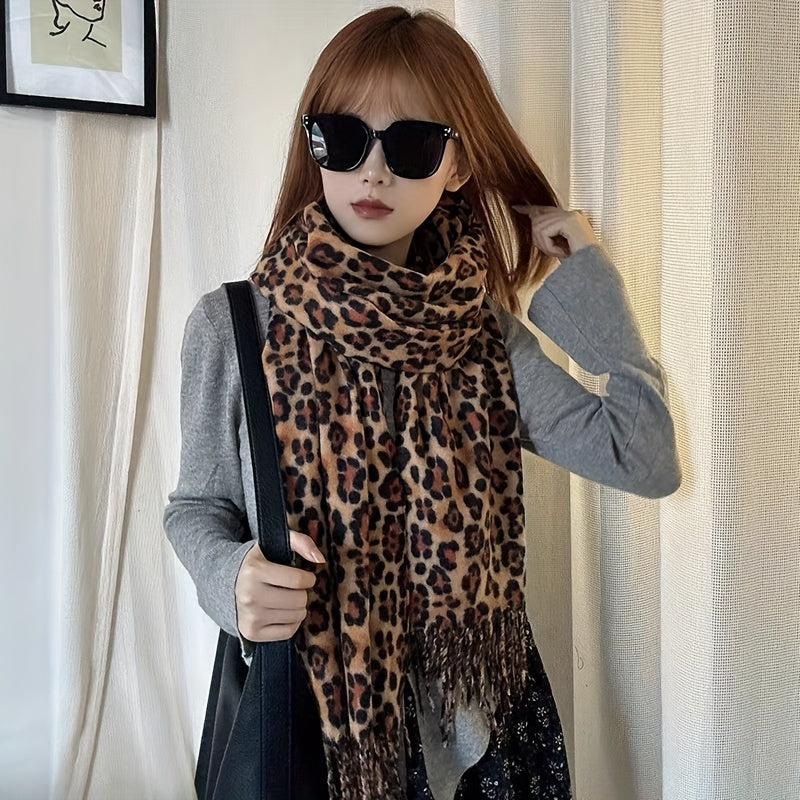 Women's Leopard Print Scarf Polyester Tassel Shawl for Autumn Winter