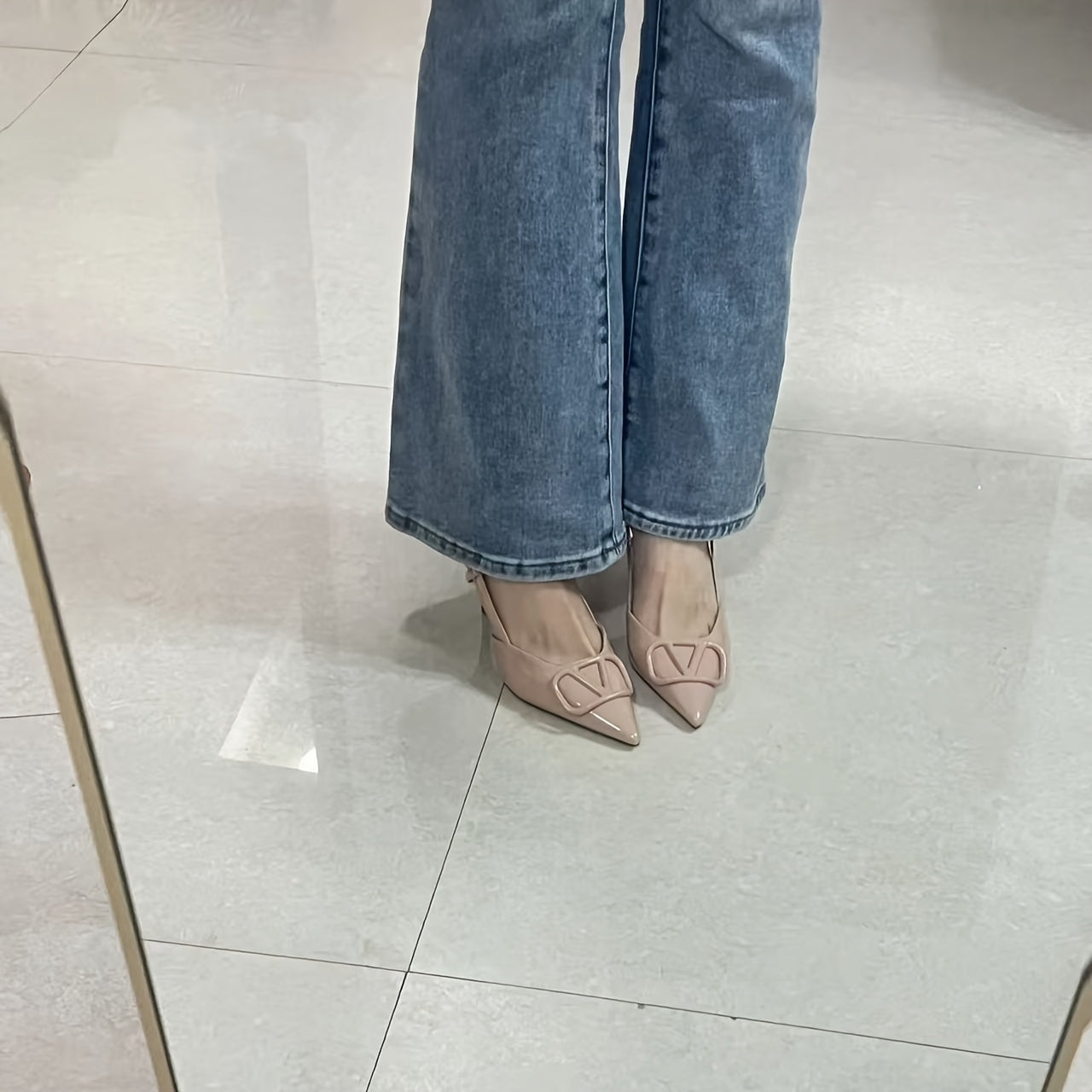 Women’s Pointed Toe Stiletto High Heels Beige Synthetic Cover Buckle Strap Rubber Sole