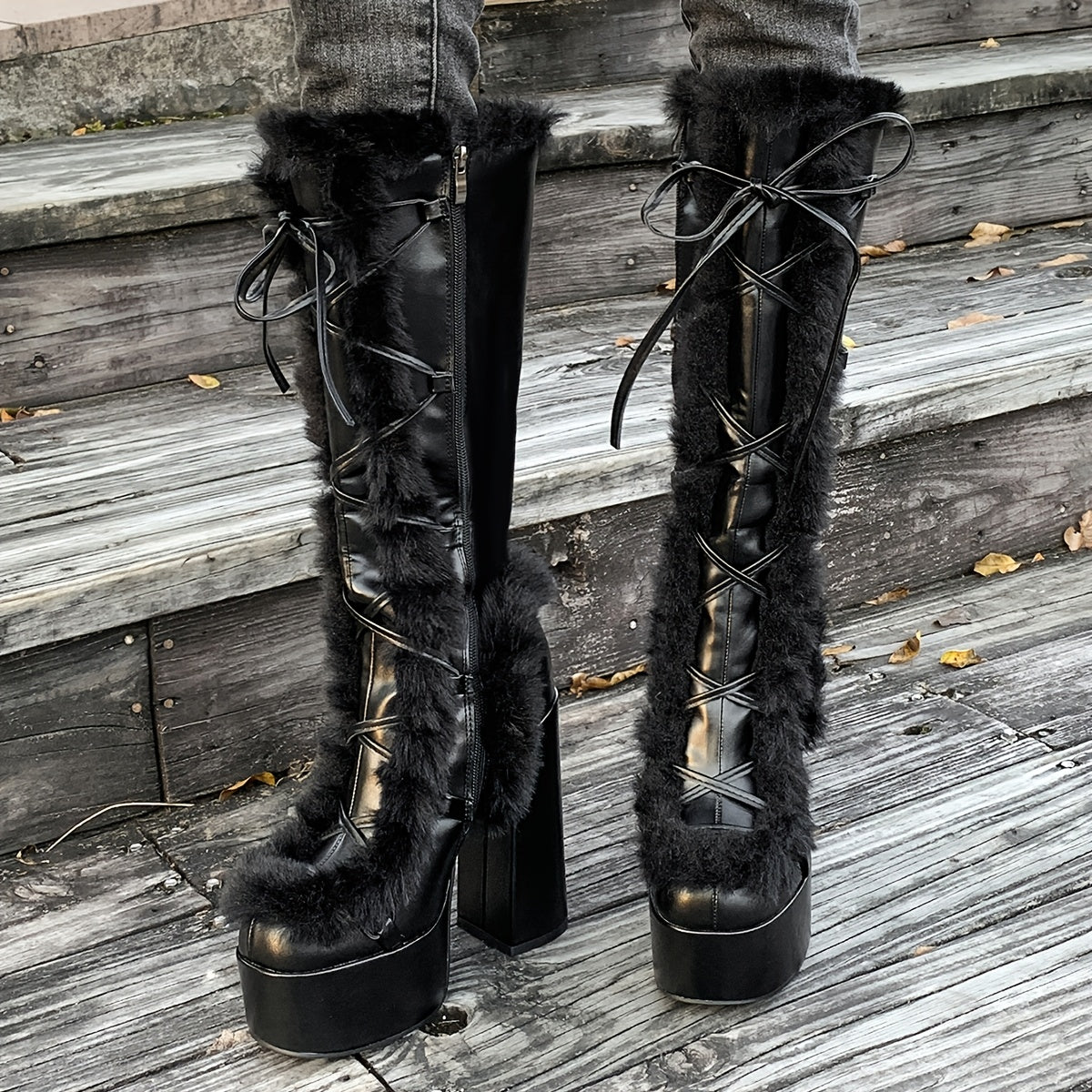 Женские ботинки из искусственного меха до середины икры однотонные с блоковым каблуком и молнией, зимняя обувь