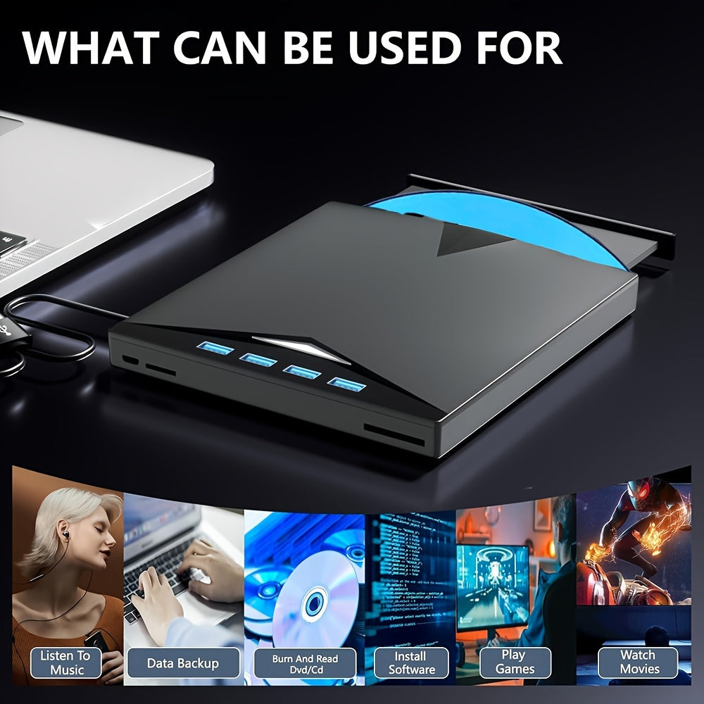 External 7-in-1 USB 3.0 Type-C External CD DVD Drive with Card Reader and USB Hub
