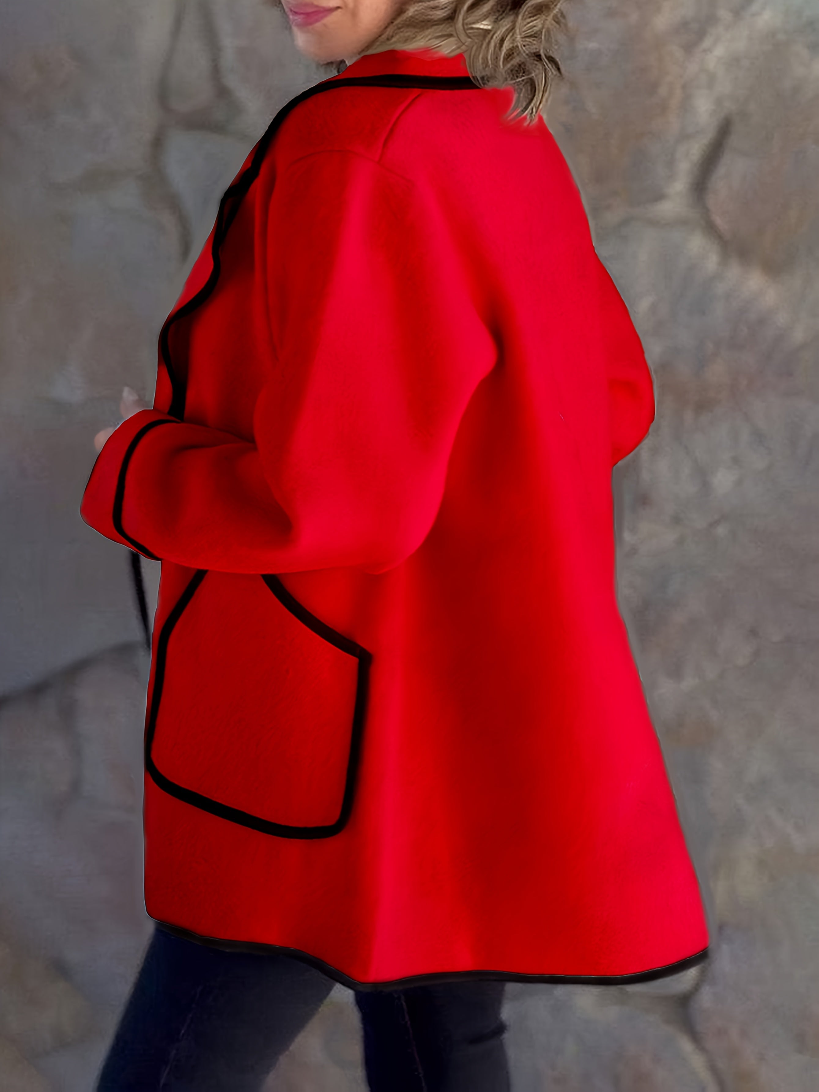 Ayollar uchun qizil ikki qavatli tweed palto - tasodifiy, shamoldan himoyalovchi, cho'zilgan tashqi kiyim, kuz/qish uchun mukammal cho'ntaklar bilan.