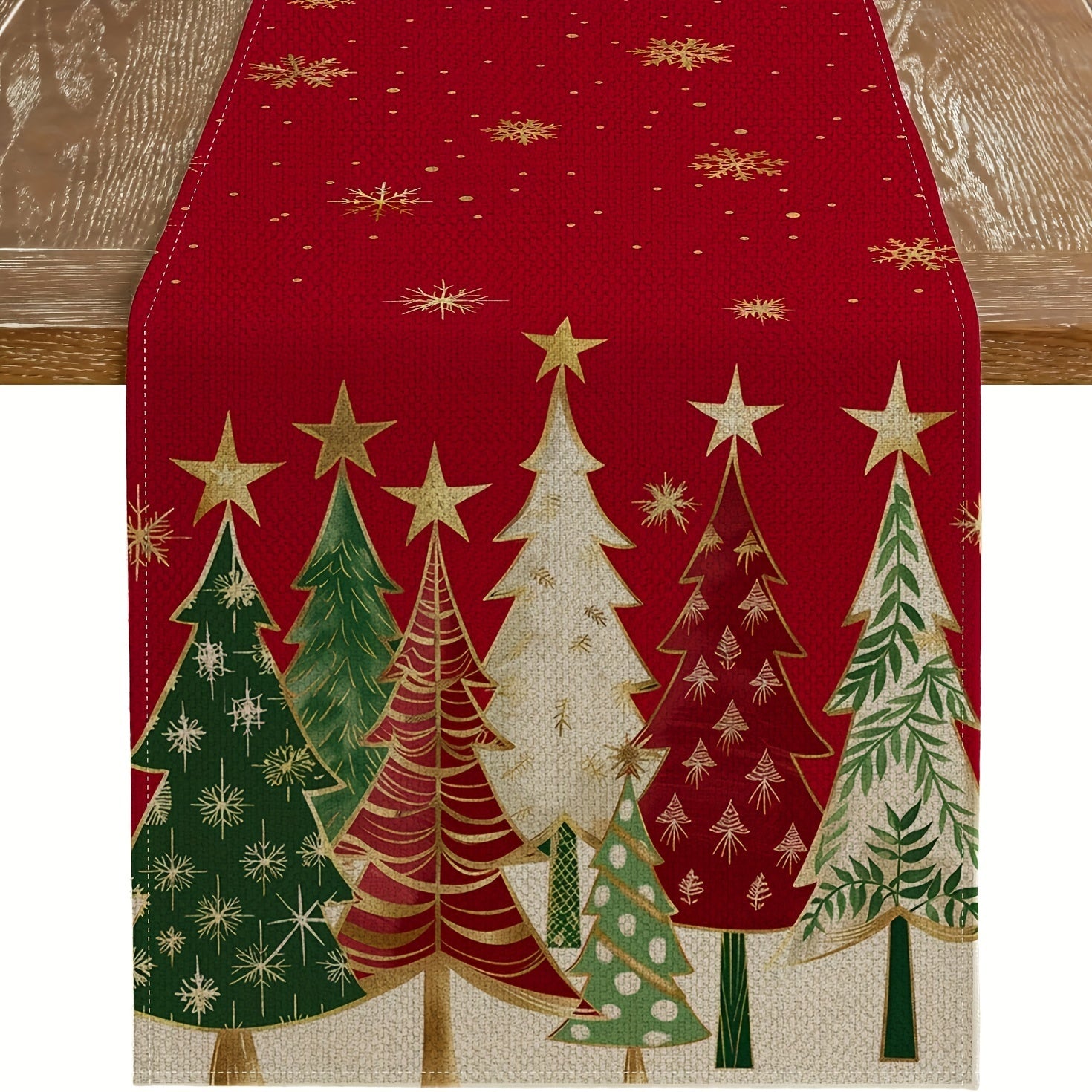 Red Christmas Tree Linen Table Runner for Indoor Outdoor Use 1pc
