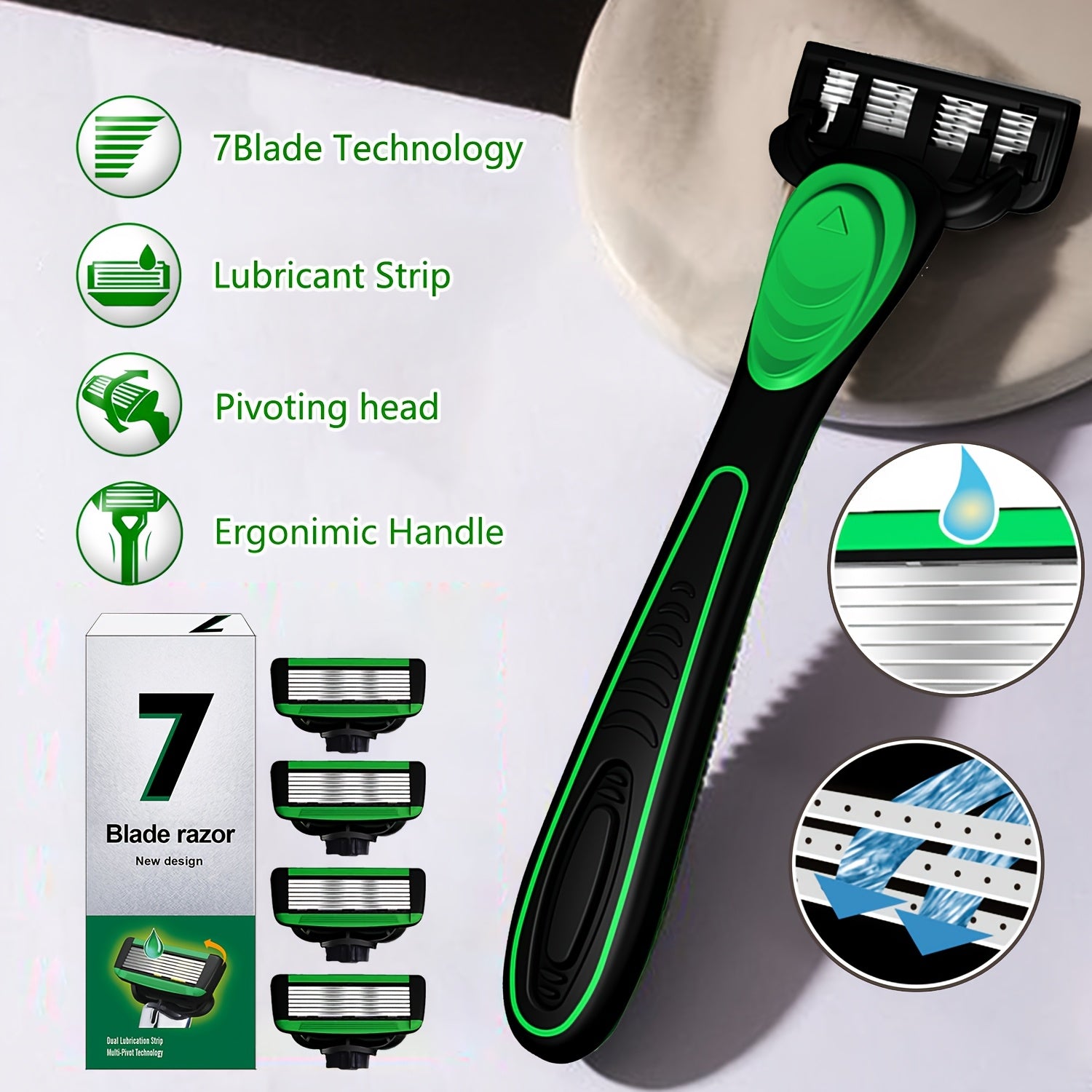 7-Blade Silicone Handle Razor with Stainless Steel Chrome Blades for Shaving Kit