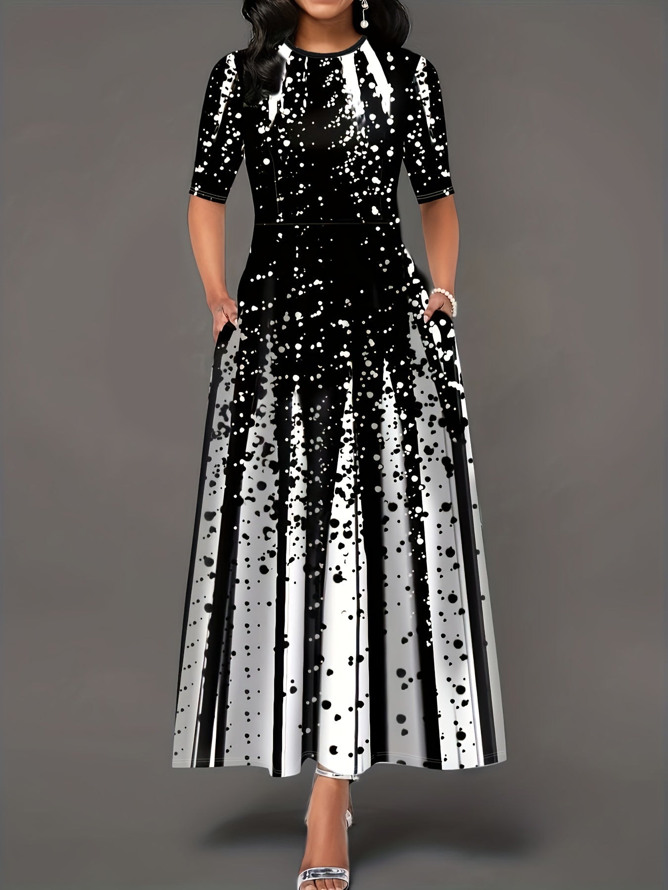 Women's Black and White Polka Dot Maxi Dress with Round Neck Long Sleeves A-Line Polyester Blend