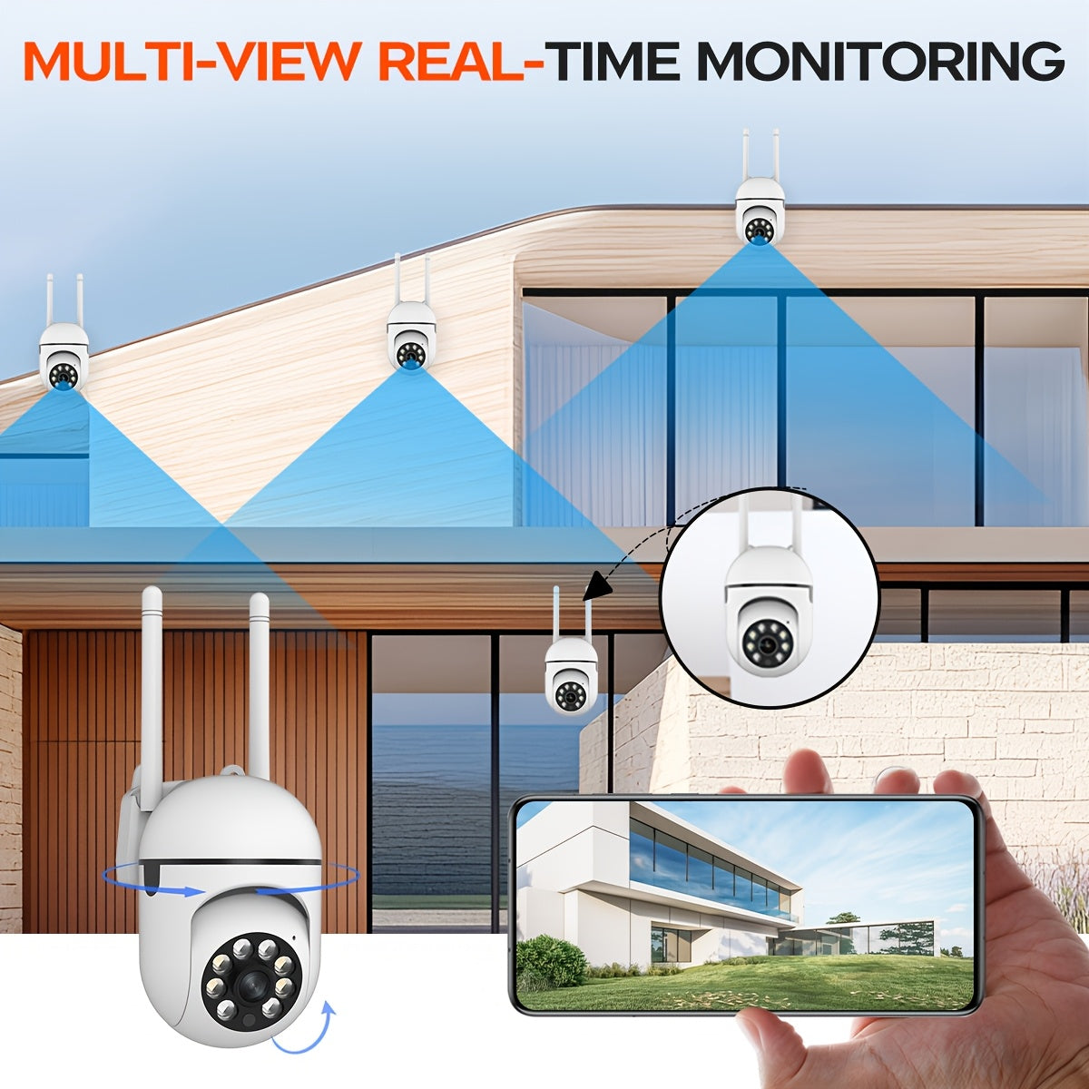 Cámara de seguridad inalámbrica FHD 1080P con panorámica, inclinación, zoom, visión nocturna y alertas de movimiento para uso en interiores