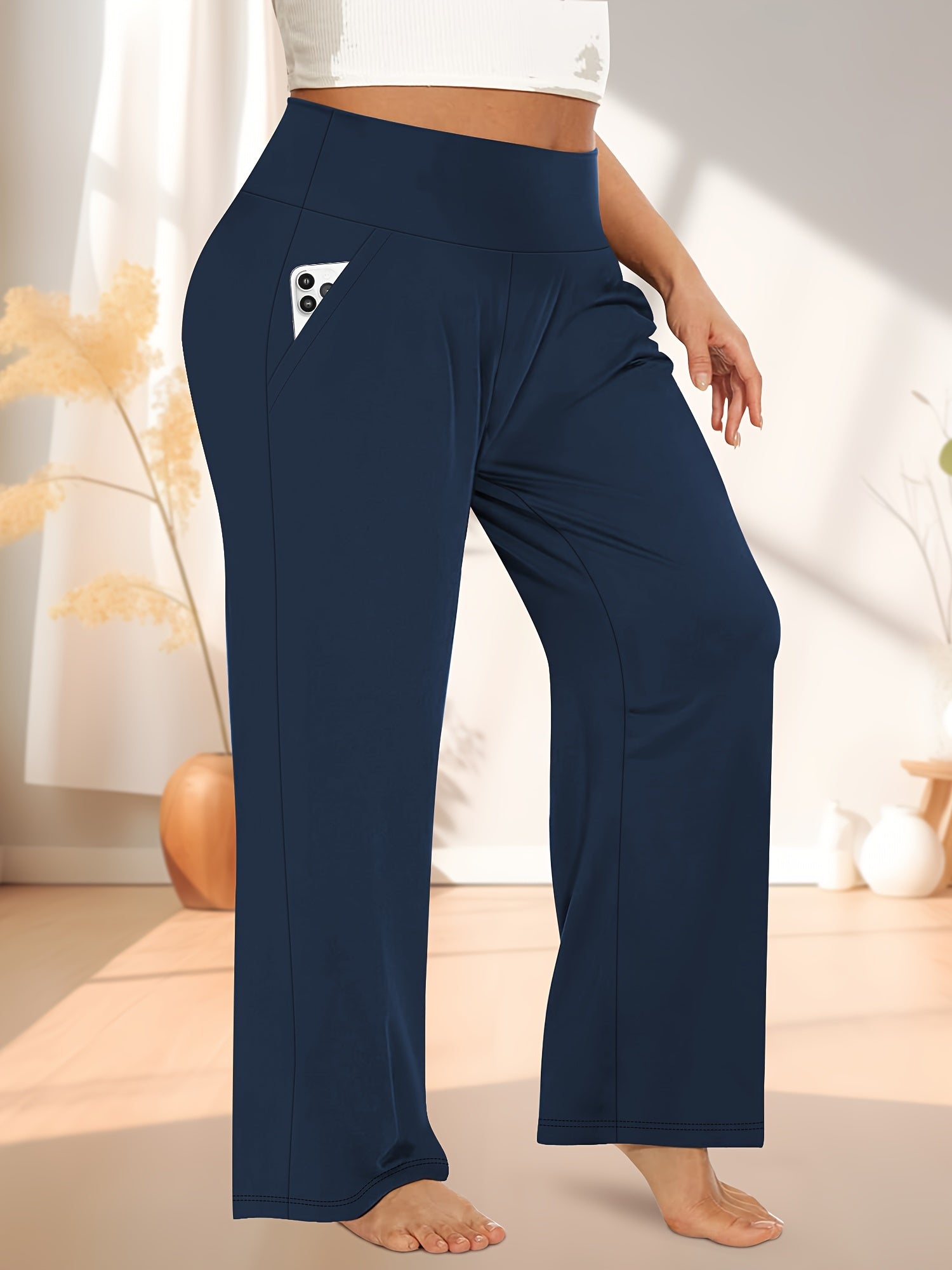 Women's Plus Size High-Waisted Wide Leg Breathable Yoga Pants With Pockets
