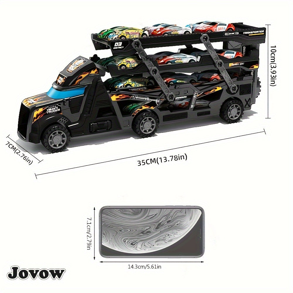 Transforming Police Toy Car with 8 Mini Cars Retractable Black Blue Flames Racing Graphics for Kids