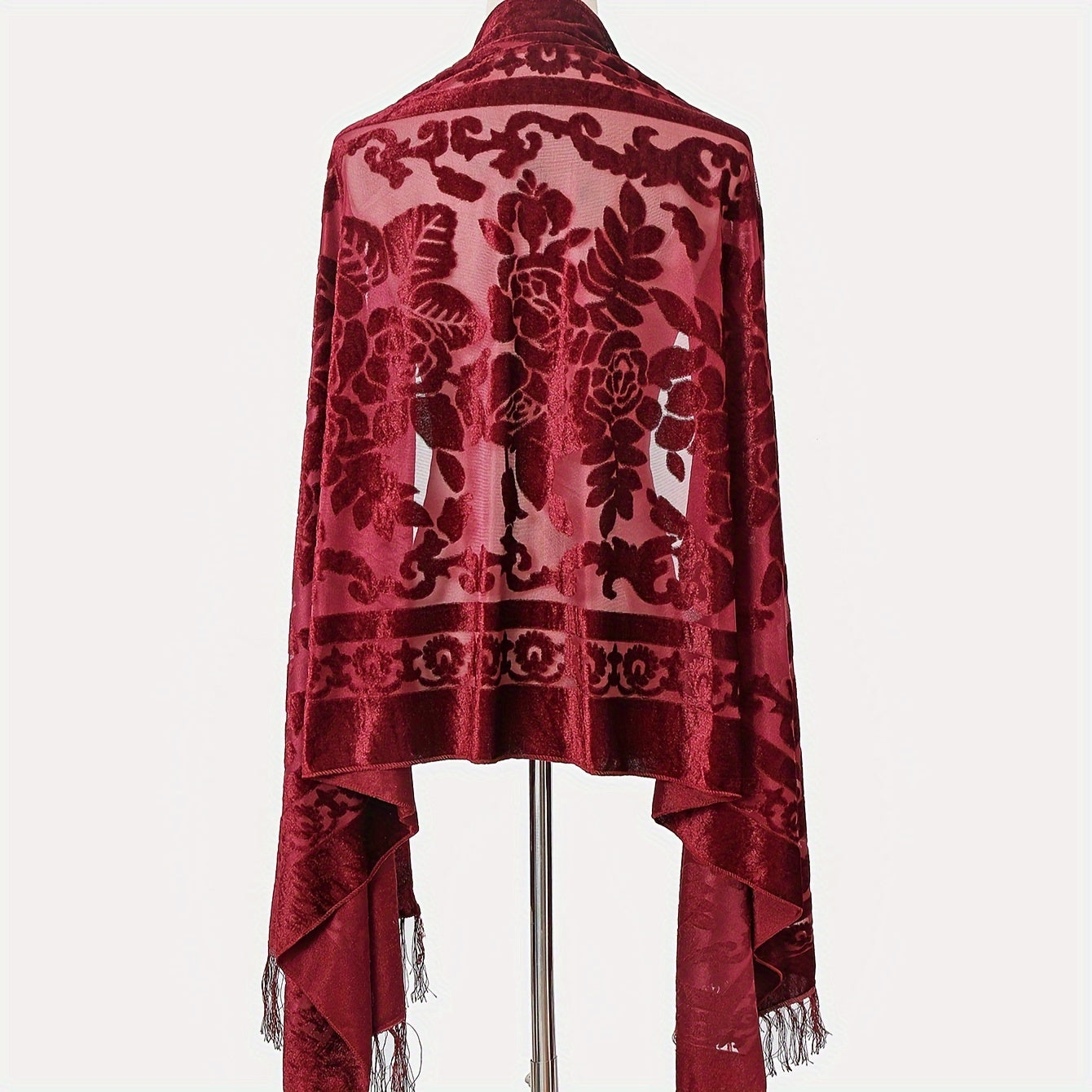 Black Floral Lace Shawl with Tassels and Rose Pattern for Evening Events