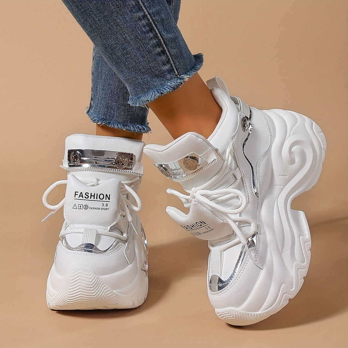 Women's Chunky Platform Sneakers High-Top Lace-Up White Casual Shoes