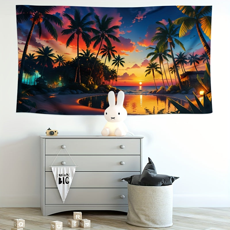 Sunset Beach Tapestry Wall Hanging with Palm Trees and Pool Polyester 8K Artwork