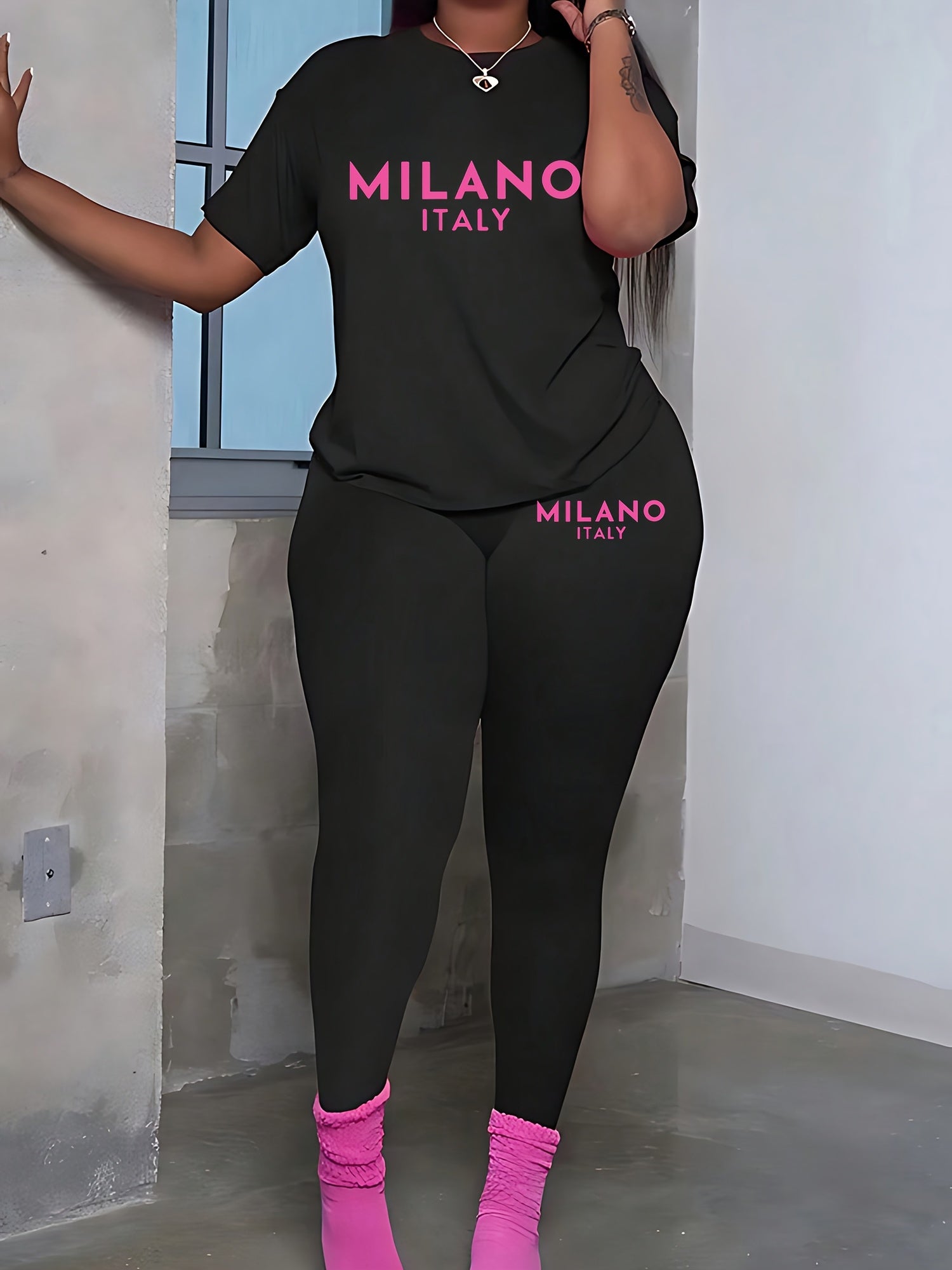 Women's Plus Size Graphic Tee And Leggings Set Polyester Stretch Casual