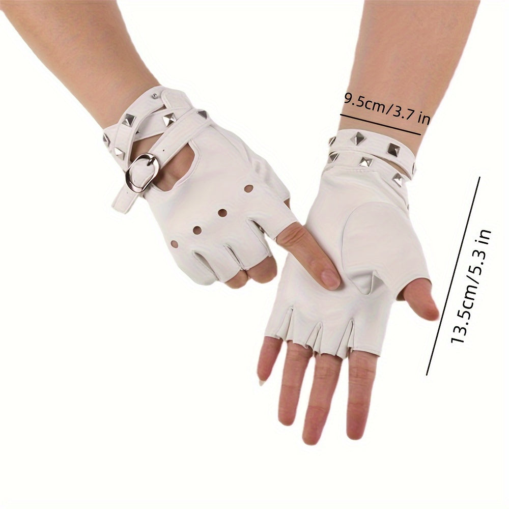 Unisex Fingerless PU Leather Driving Gloves with Rivet Detail for Motorists and Dancers in Black Red White