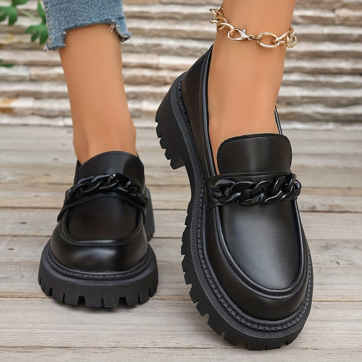 Women’s Black Loafers with Bow Slip-On Platform Casual Shoes