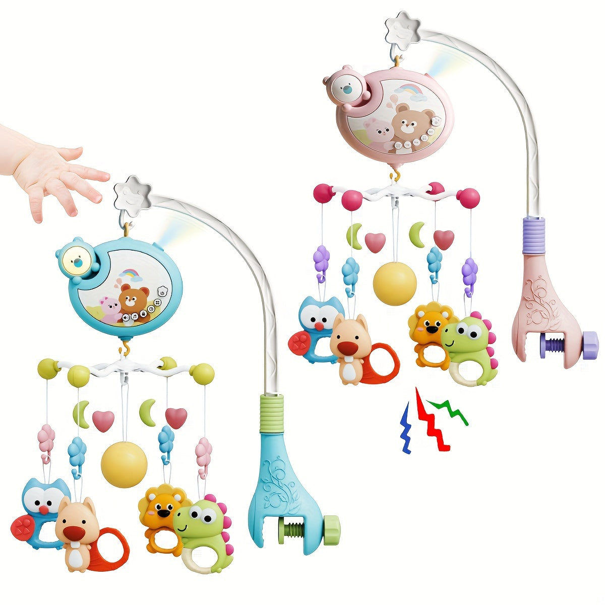Bolalar uchun yoritgichli mobil, musiqa va aylanuvchi o'yinchoqlar bilan, BPAsiz plastmassa, aralash ranglar