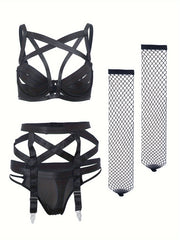 Ayollar uchun Bra, Garter Belti, Thong va Stockinglar bilan Sexy Hollow Out Lingerie Set