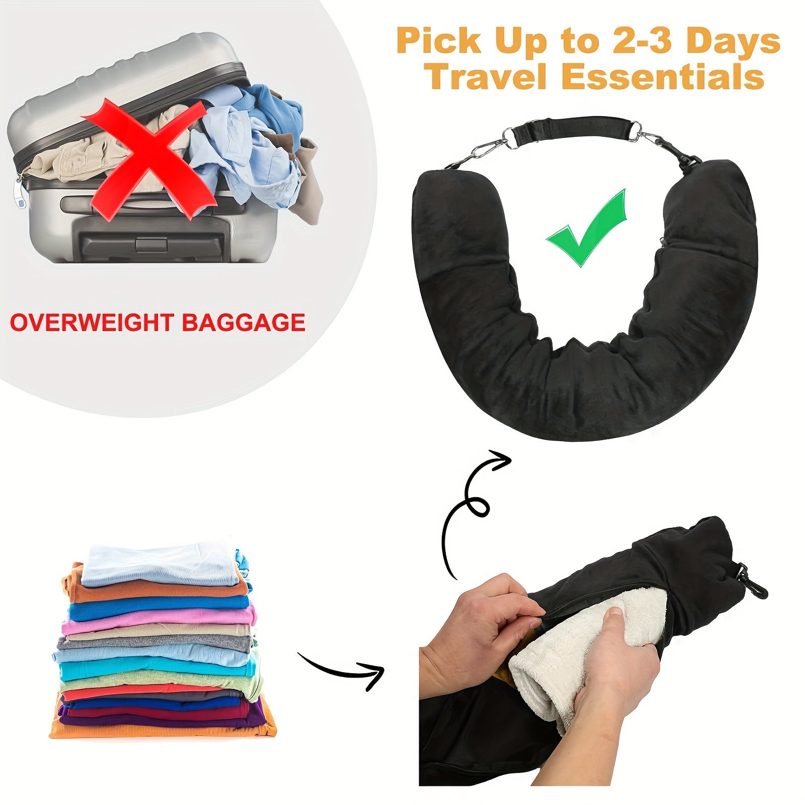 Black U-Shaped Travel Pillow with Clothes Storage, Refillable, Lightweight