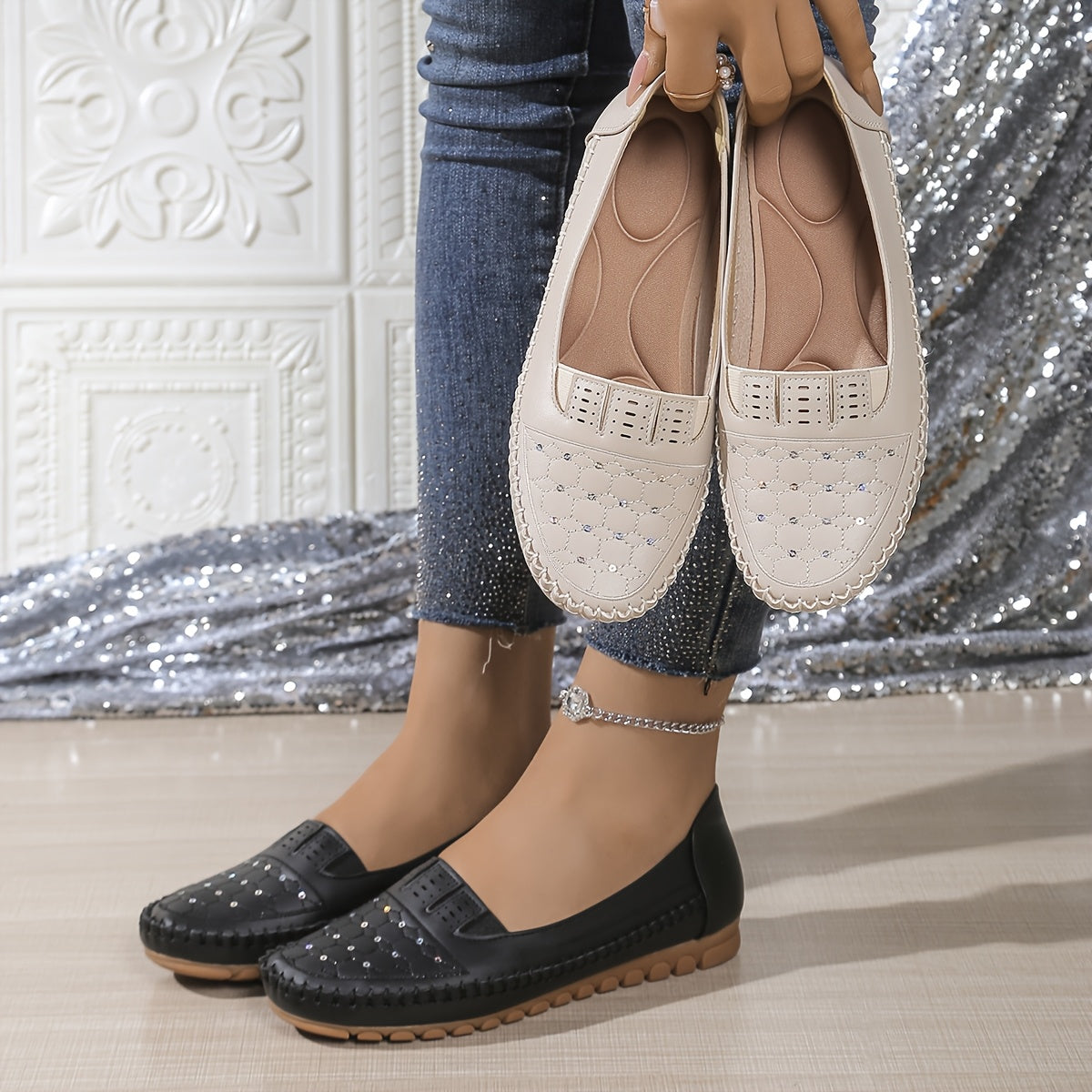 Women's Slip-On Loafers Faux Cover Shoes Comfortable TPR Sole Black White