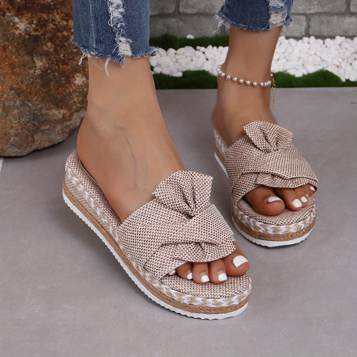 Women's Bowknot Platform Slides Casual Open Toe Espadrille Sandals