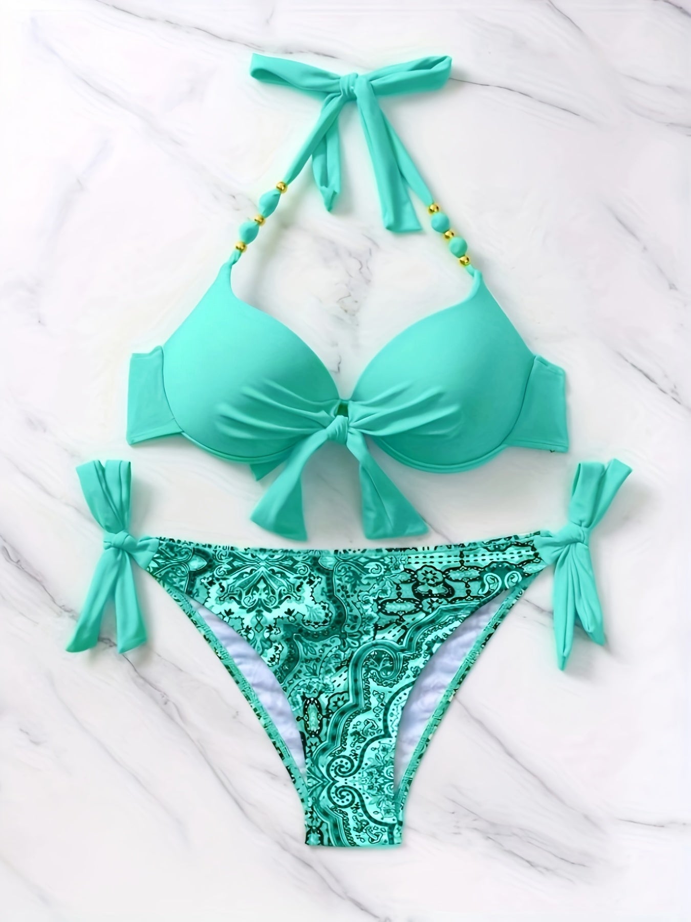 Women's Turquoise Digital Print High-Waisted Bikini Set with Tie-Front Halter Top and High-Cut Bottoms