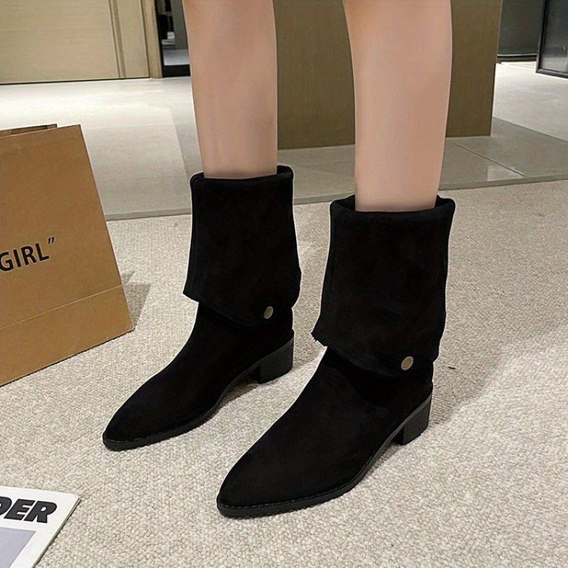 Women's Black Pointed Toe Chunky Heel Knee-High Winter Boots