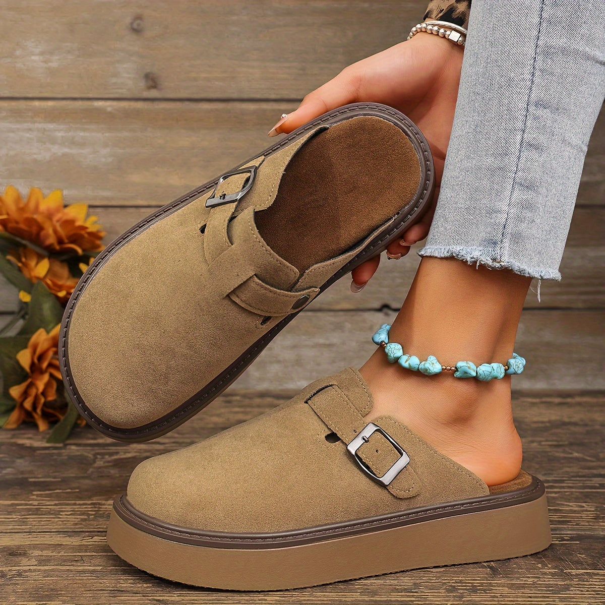 Women's Casual Buckle Loafers All-Season PU Upper Rubber Sole Flannel Insole