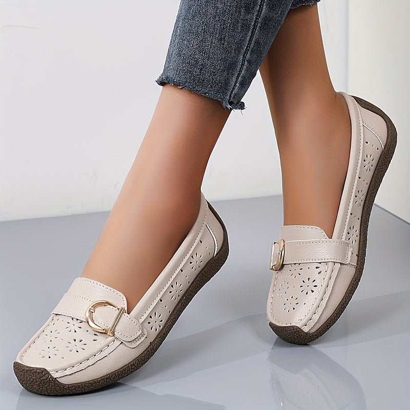 Women's White Slip-On Loafers with Ventilation Holes, Gold Buckle, Soft TPR Sole