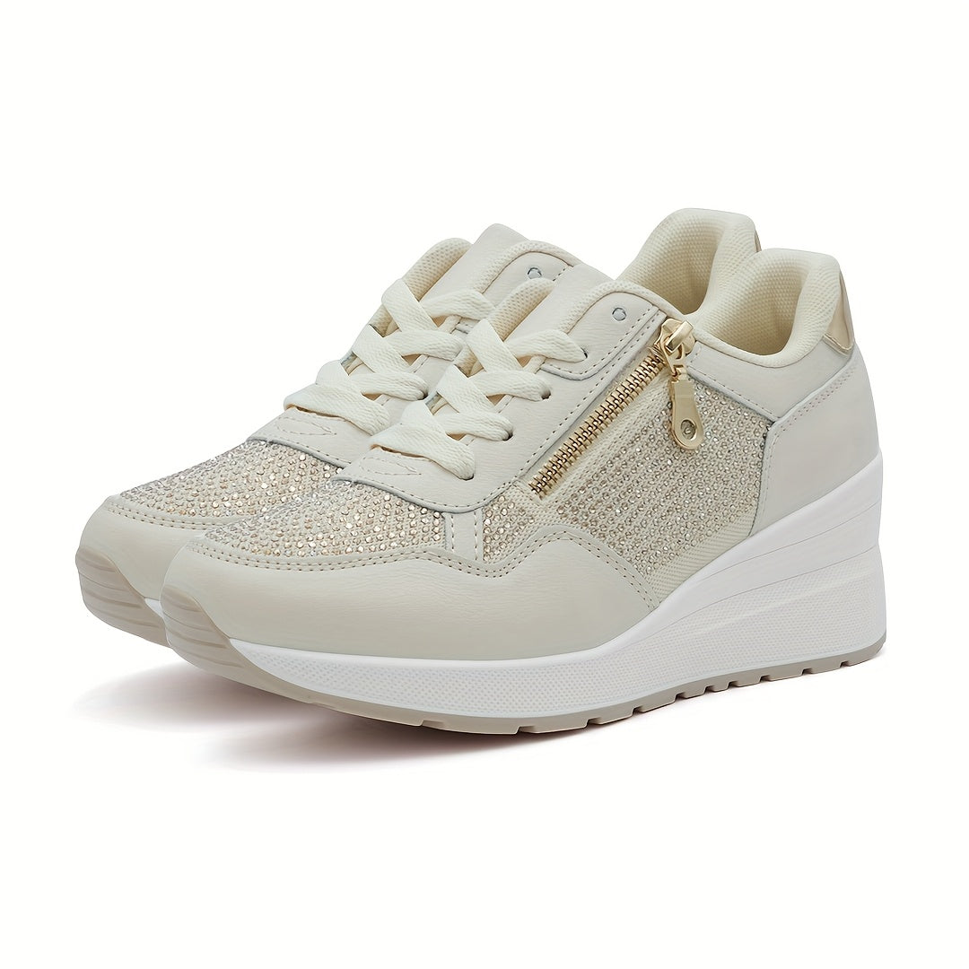 Ladies' Non-Slip Lace-Up Casual Sports Shoes with Zipper and Sequins