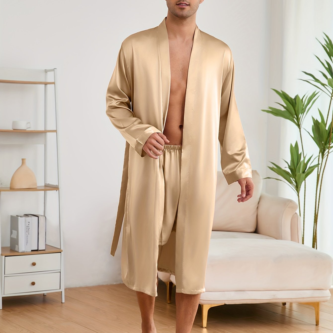 Men's Satin Casual Pajama Sets with Solid Robe and Loose Shorts