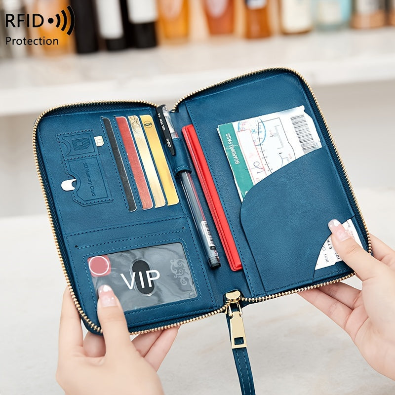 Brown RFID Blocking Travel Wallet with Zipper Closure and Wrist Strap for Passports and Cards