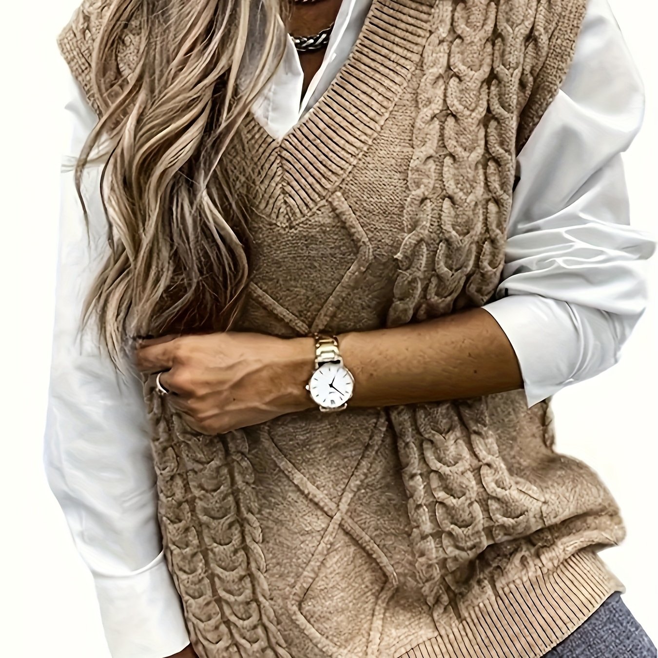 Women's Solid Color V-Neck Vest Polyester Knit Spring Sweater Cardigan